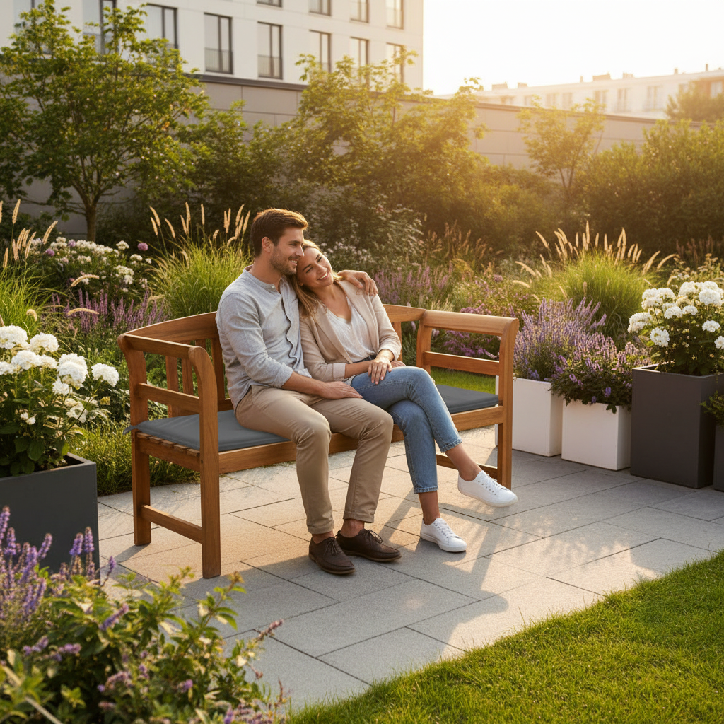 Moderne stadstuin met mensen