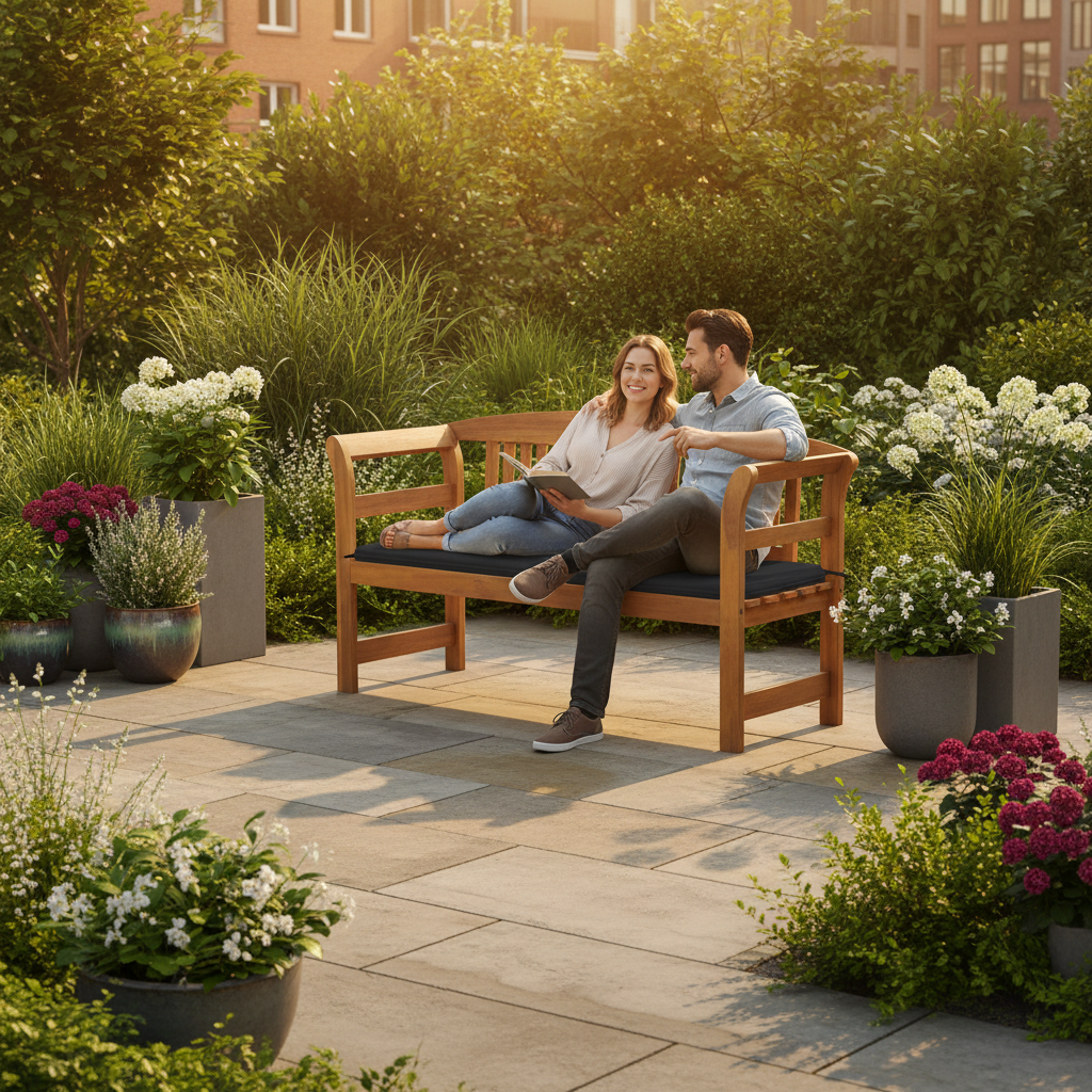 Moderne stadstuin met mensen