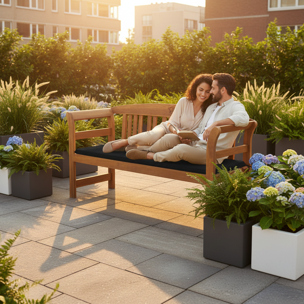 Moderne stadstuin met mensen