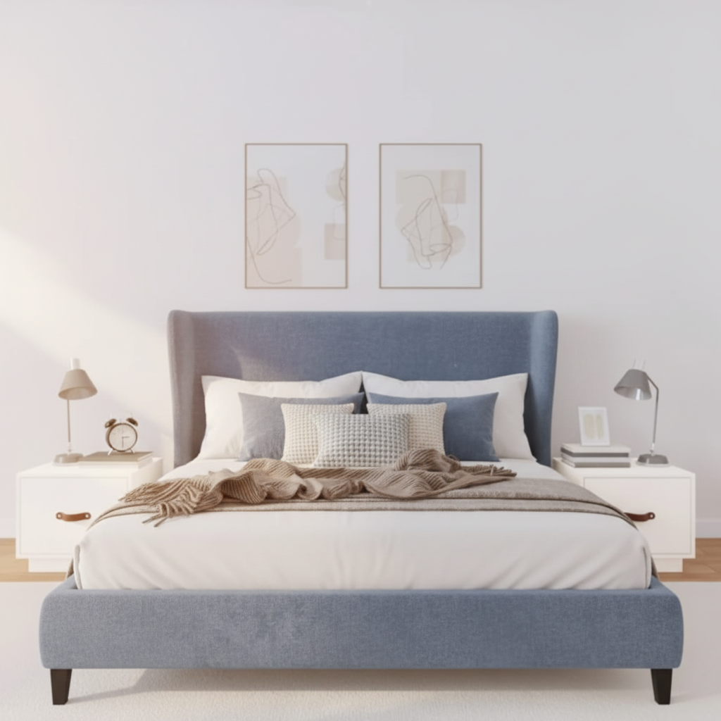 Mooie slaapkamer met gekleurd bed tussen nachtkastjes