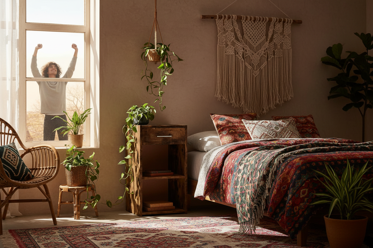 Nachtkastje in bohemian slaapkamer