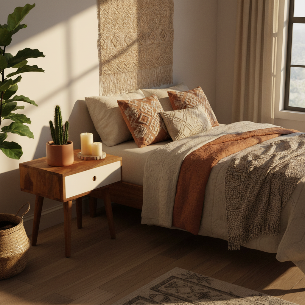 Nachtkastje in bohemian slaapkamer