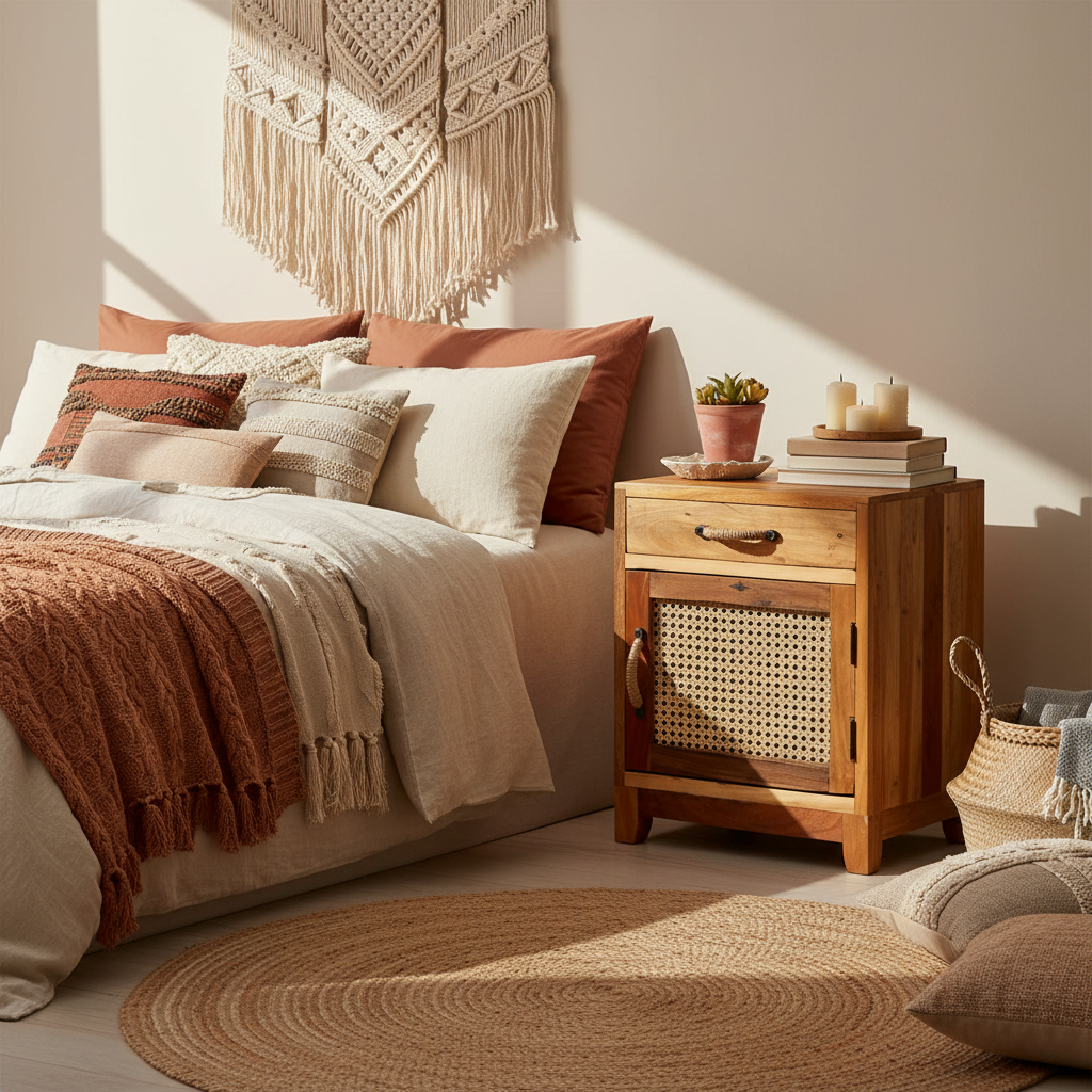 Nachtkastje in bohemian slaapkamer