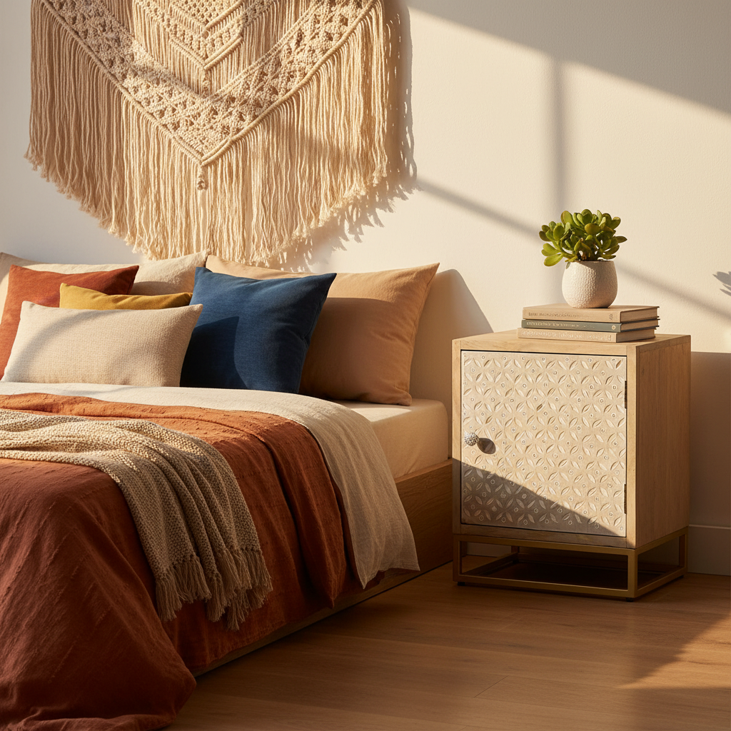 Nachtkastje in bohemian slaapkamer