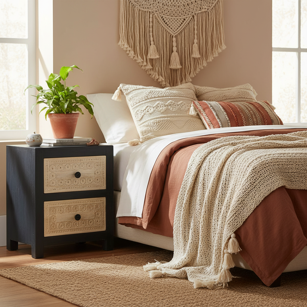 Nachtkastje in bohemian slaapkamer