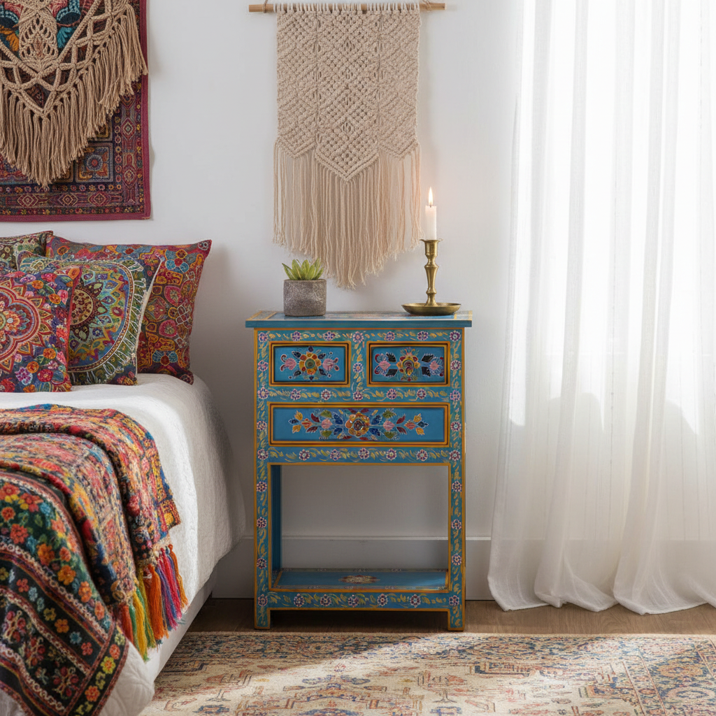 Nachtkastje in bohemian slaapkamer