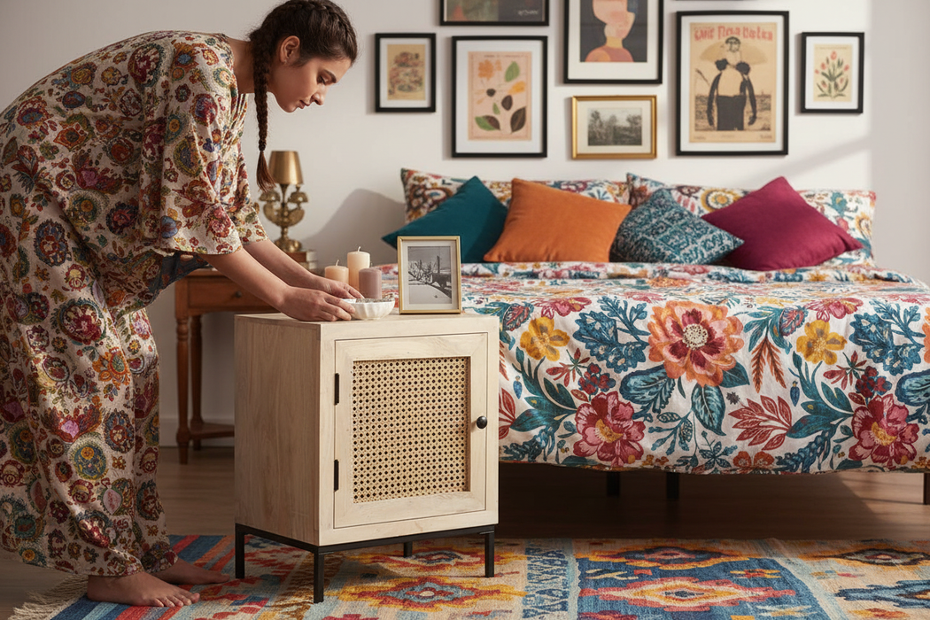 Nachtkastje in eclectische slaapkamer