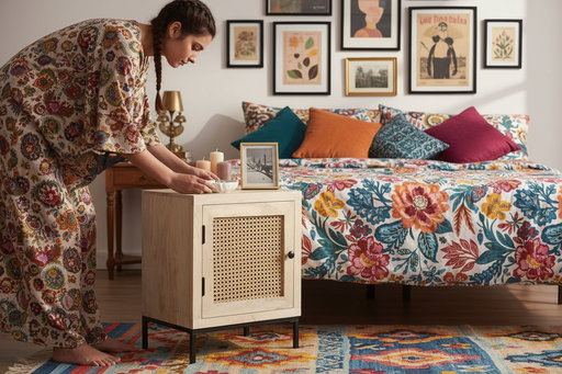 Nachtkastje in eclectische slaapkamer