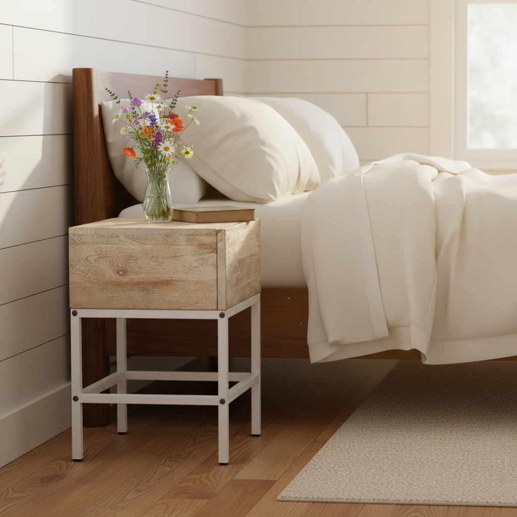 Nachtkastje in farmhouse slaapkamer