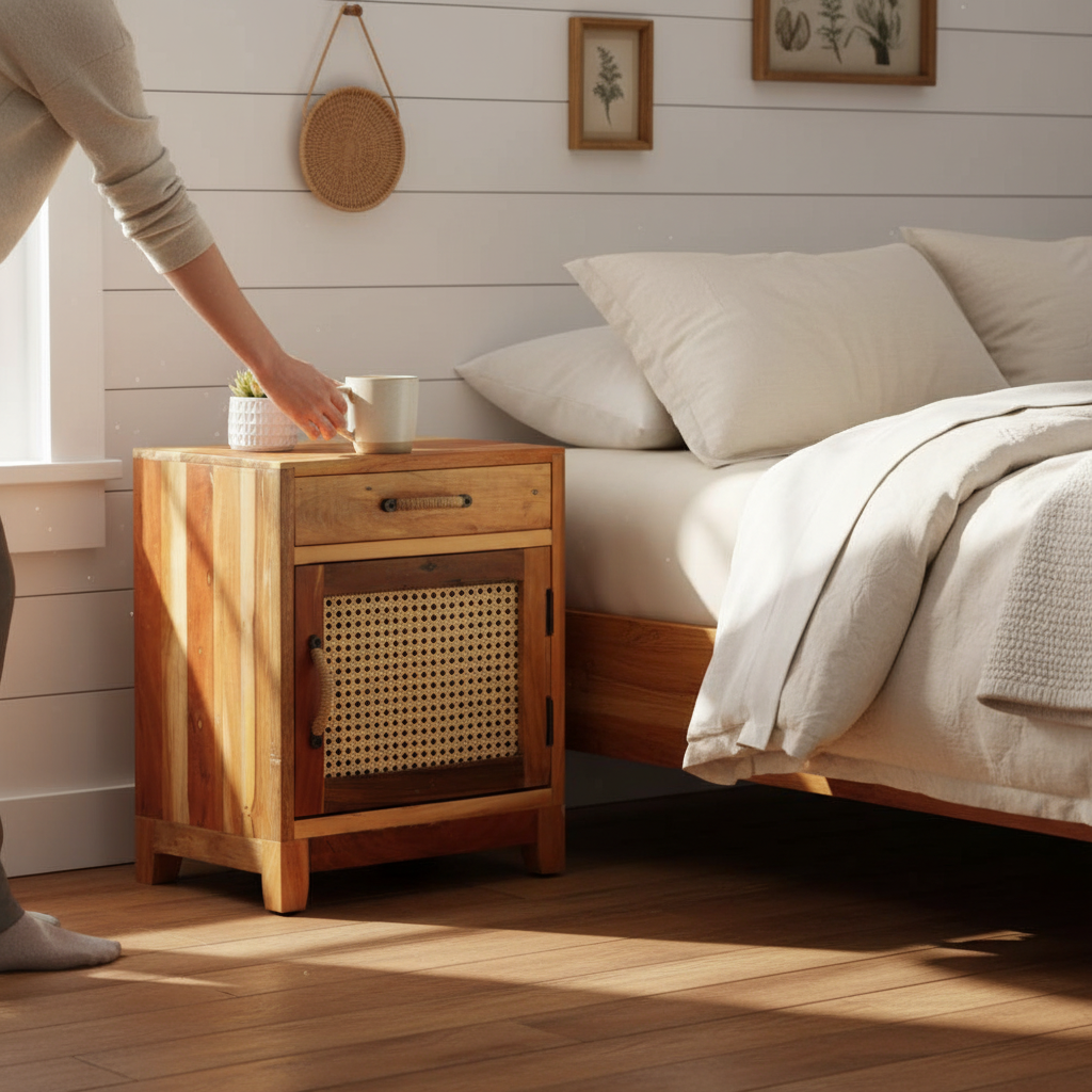 Nachtkastje in farmhouse slaapkamer