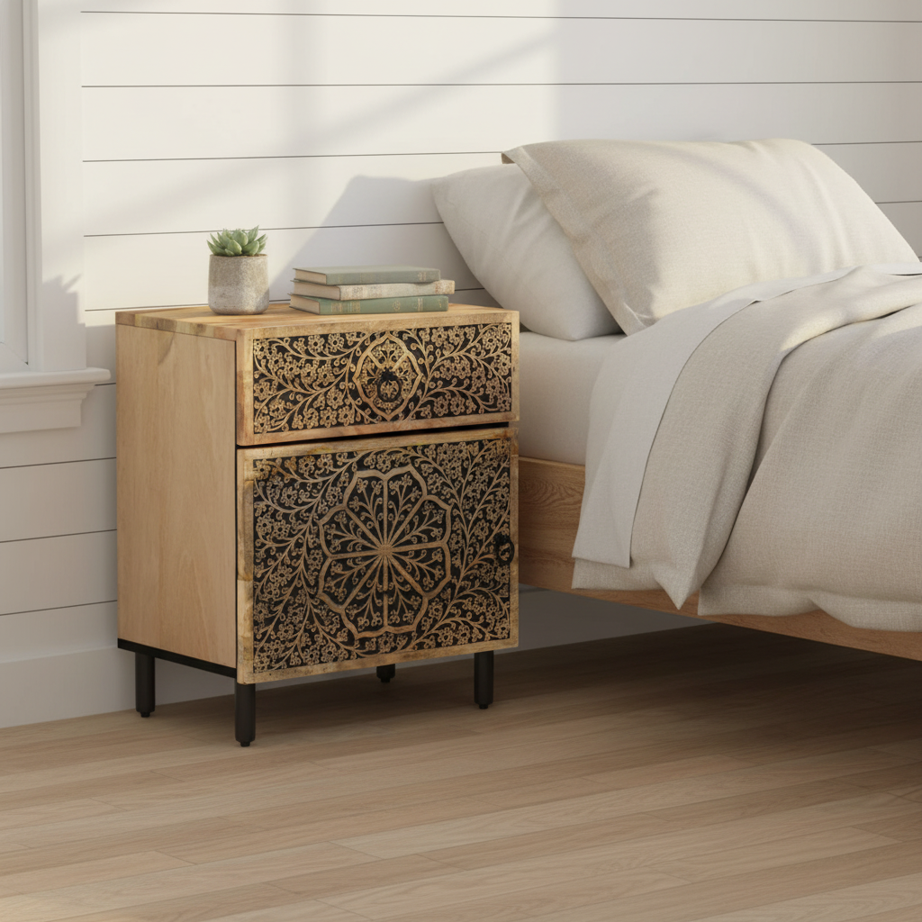 Nachtkastje in farmhouse slaapkamer