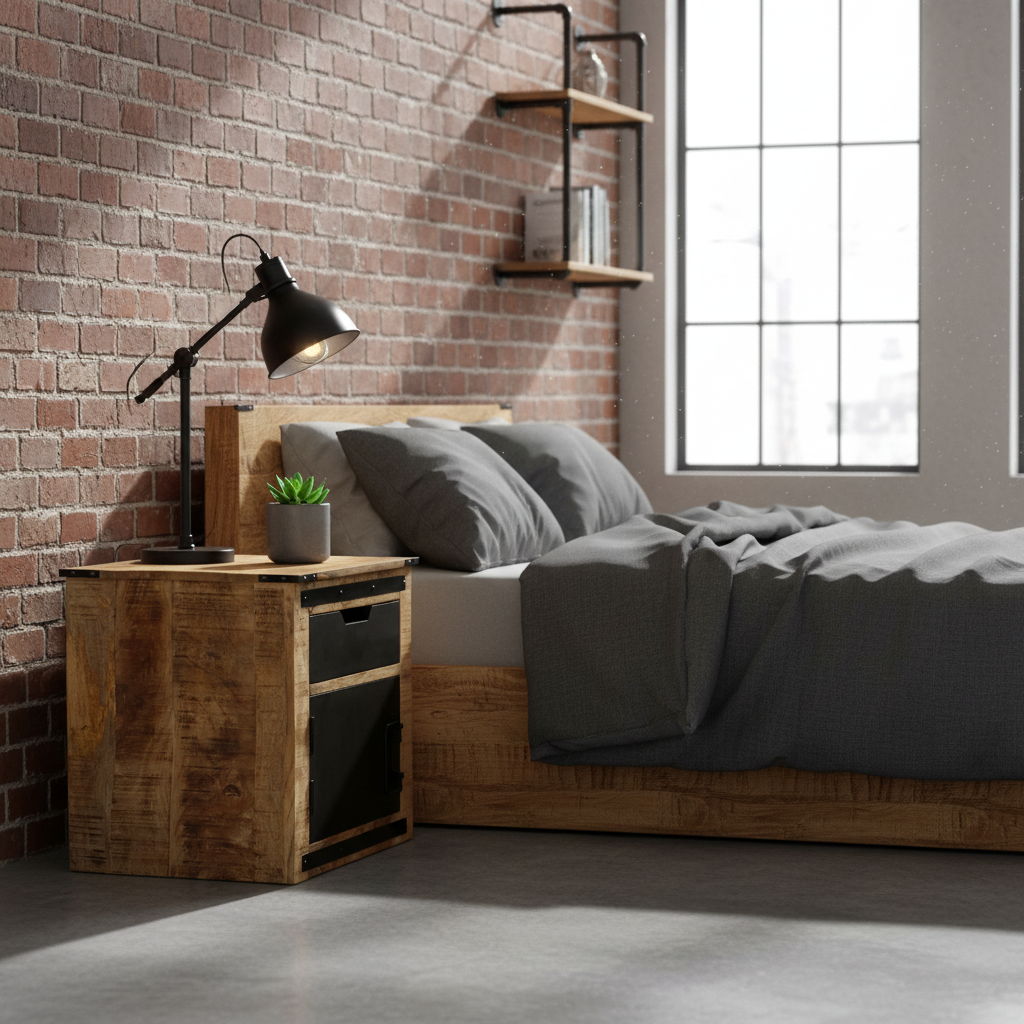 Nachtkastje in industriële slaapkamer