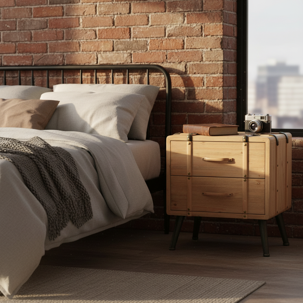 Nachtkastje in industriële slaapkamer