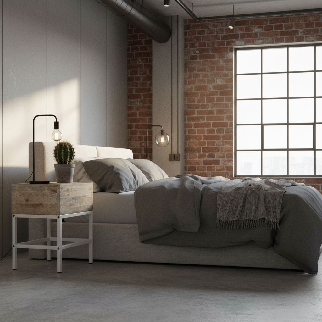 Nachtkastje in industrial slaapkamer