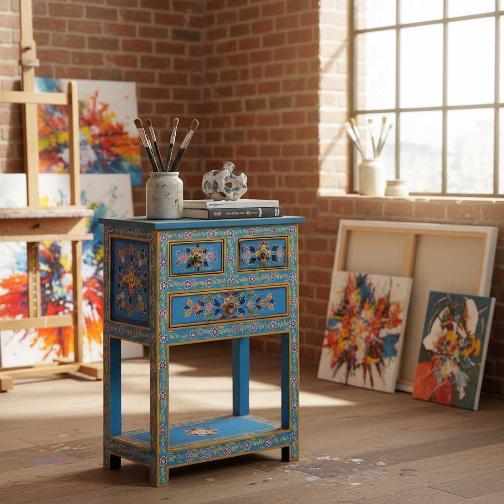 Nachtkastje in kunstenaarsstudio