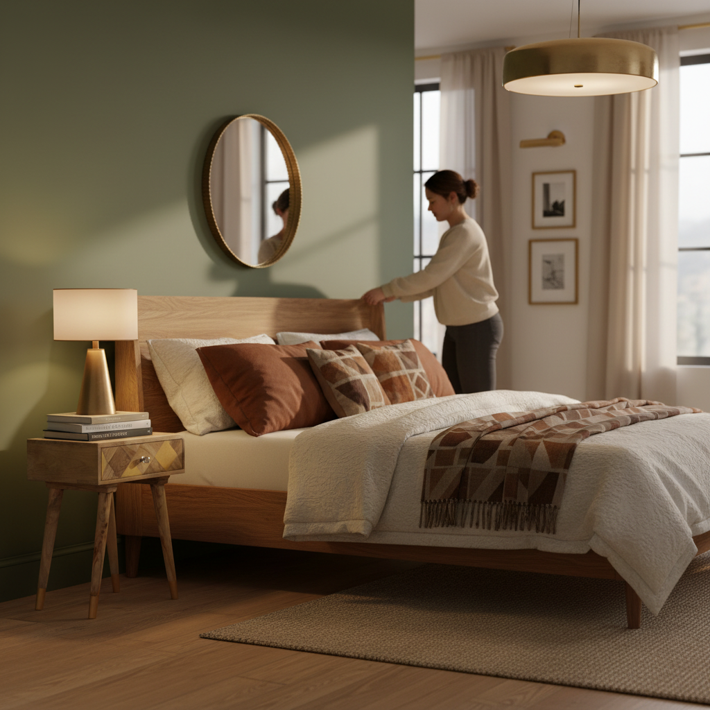 Nachtkastje in mid-century slaapkamer