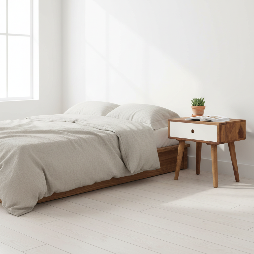 Nachtkastje in Scandinavische slaapkamer