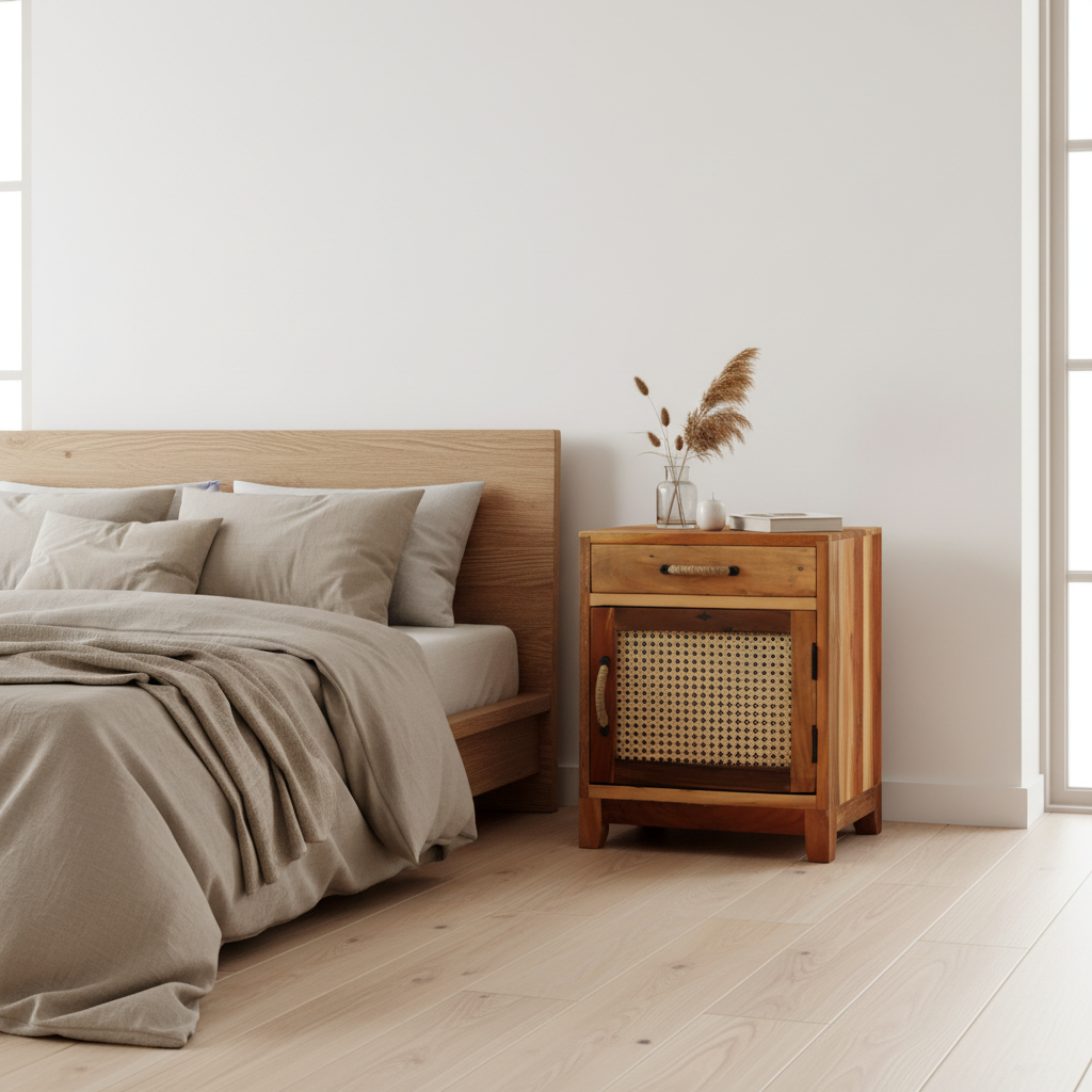 Nachtkastje in Scandinavische slaapkamer