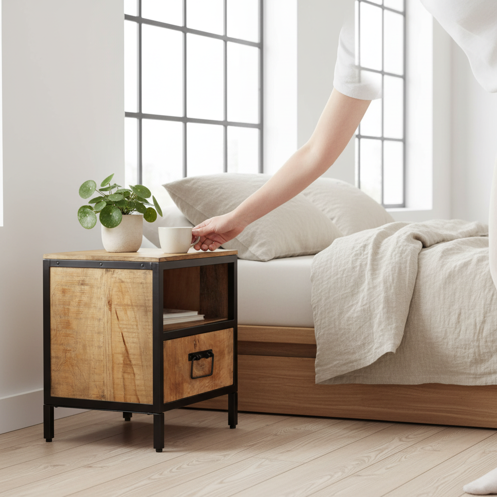 Nachtkastje in Scandinavische slaapkamer