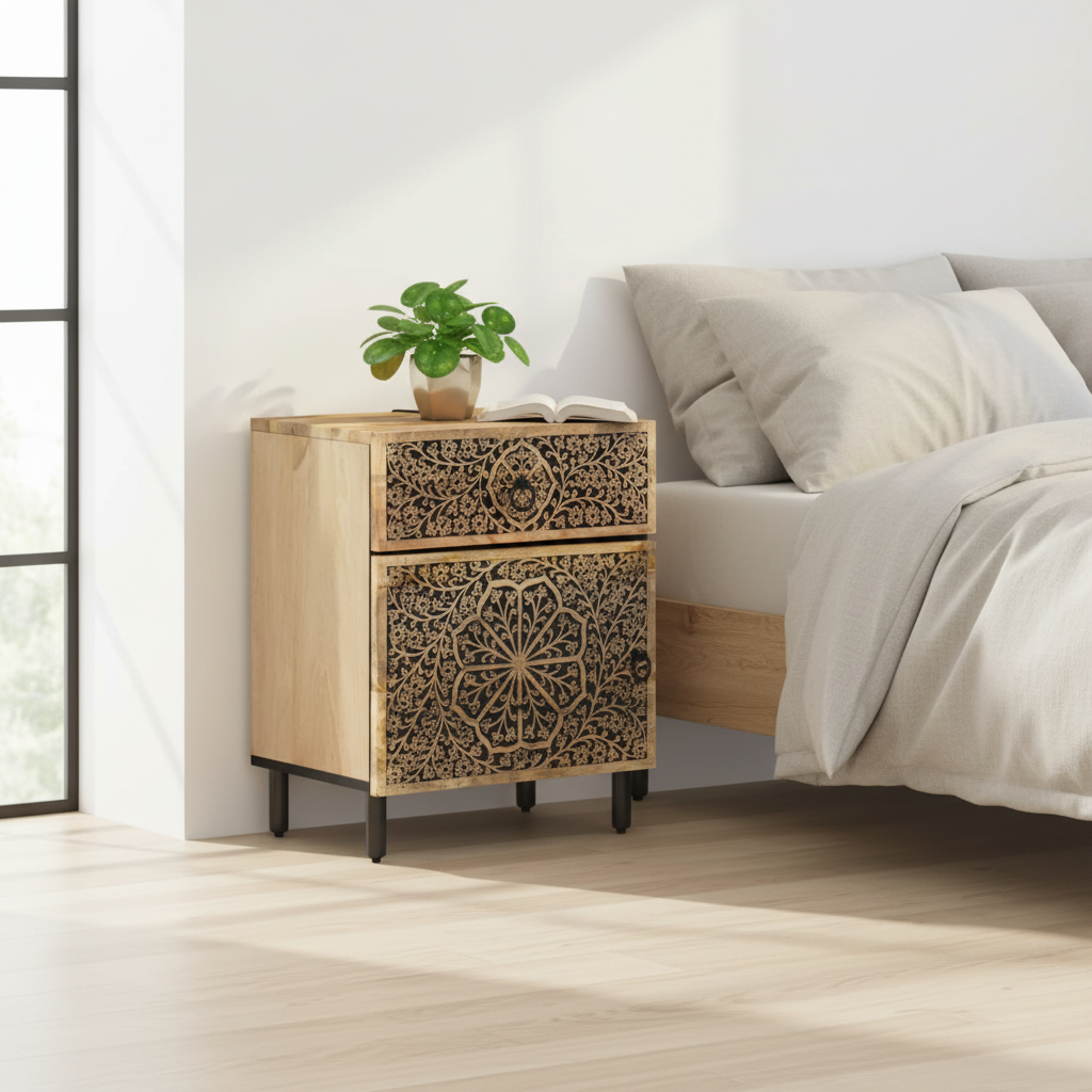 Nachtkastje in Scandinavische slaapkamer