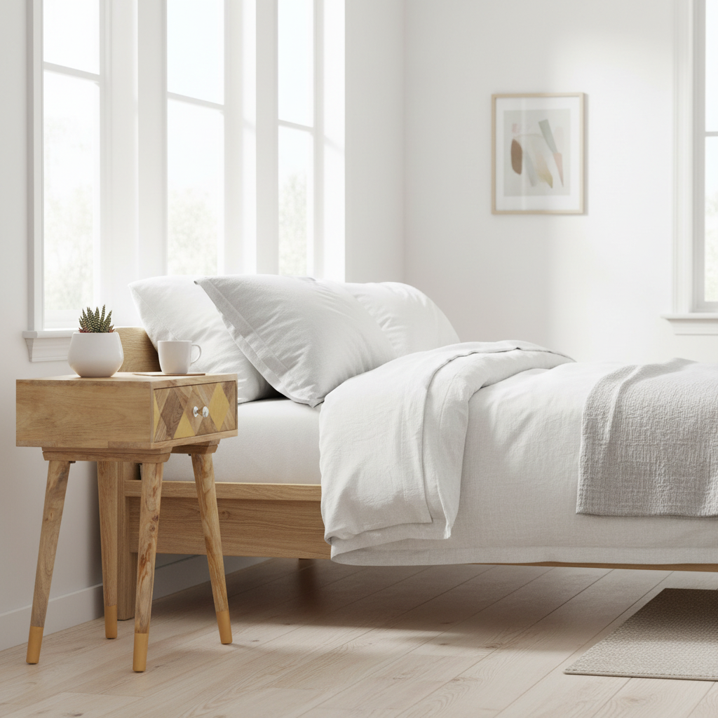 Nachtkastje in Scandinavische slaapkamer