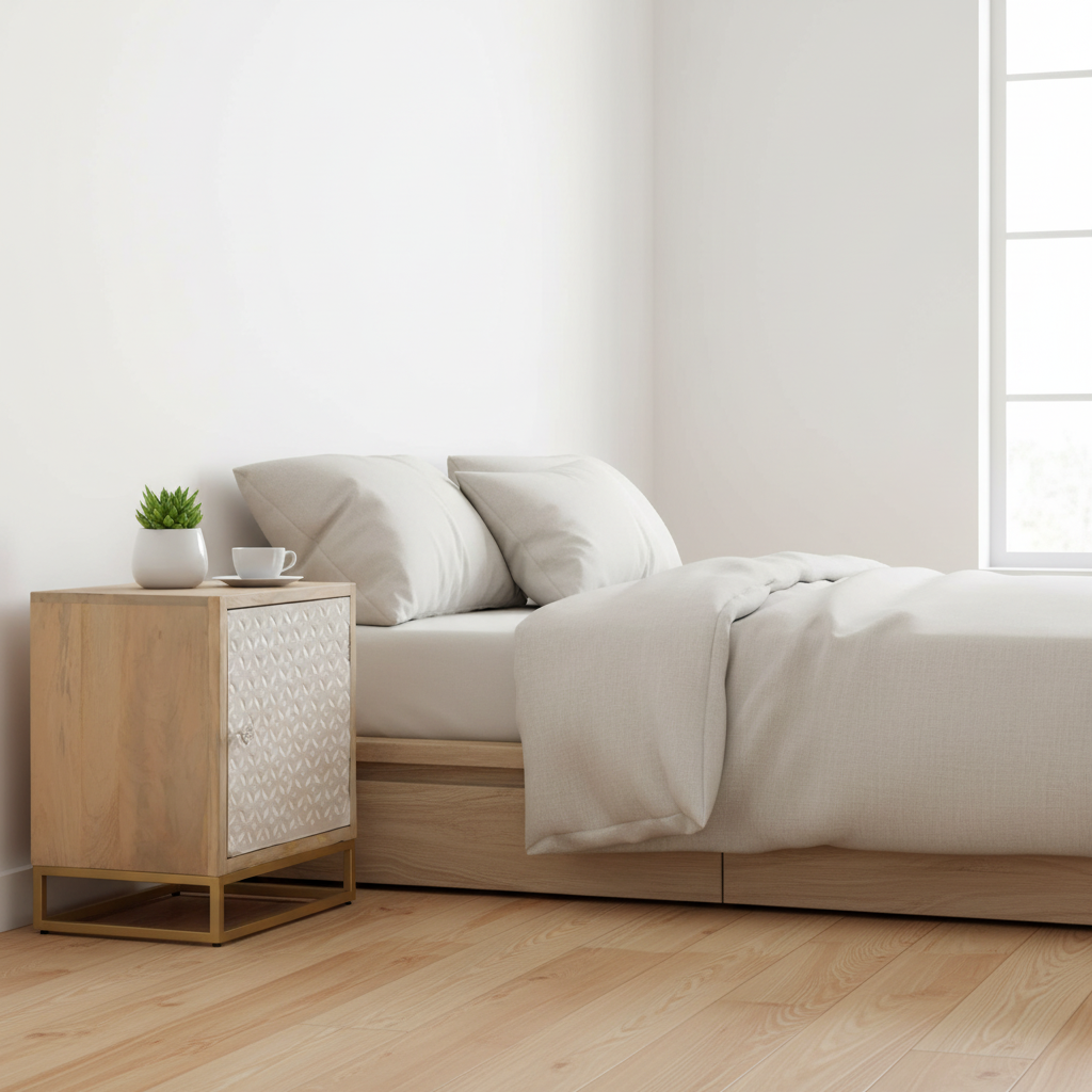 Nachtkastje in Scandinavische slaapkamer