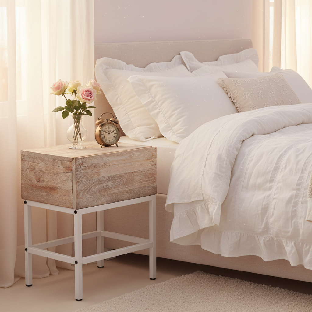 Nachtkastje in shabby chic slaapkamer