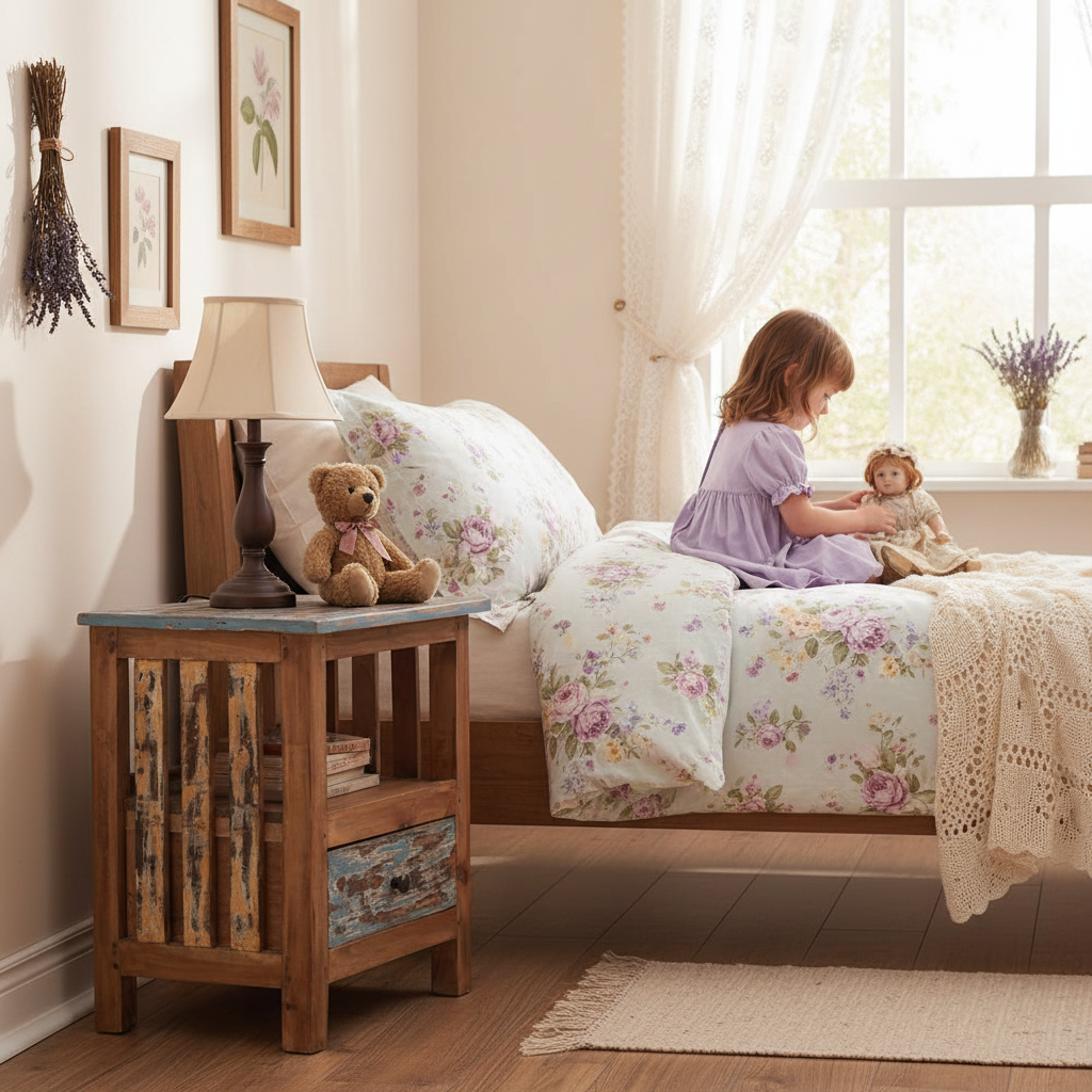 Nachtkastje in vintage meisjeskamer