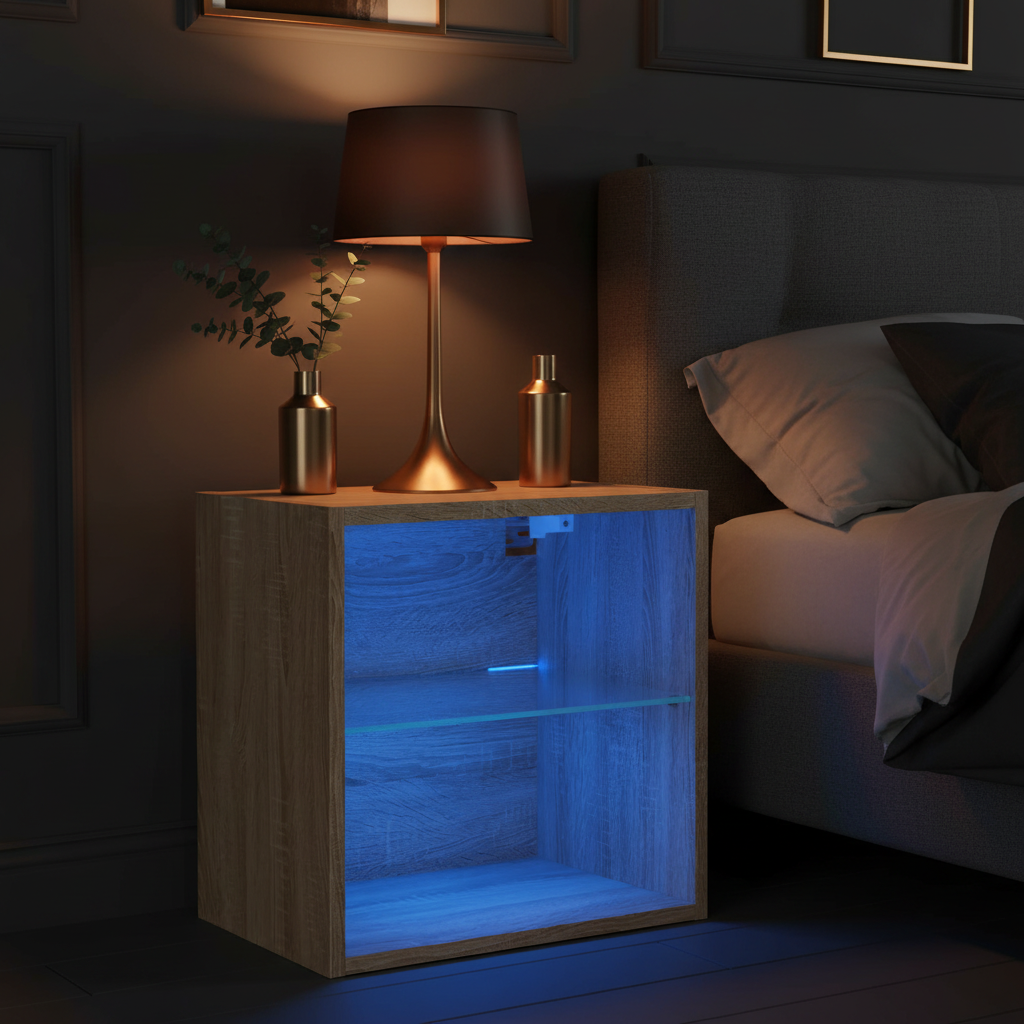 Nachtkastje met blauwe LED in donkere slaapkamer