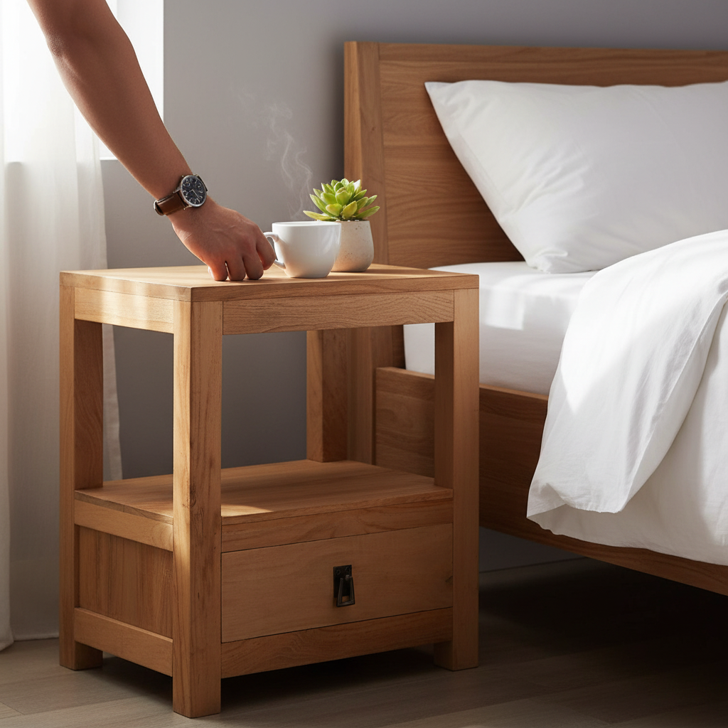 Nachtkastje met hand naar koffie