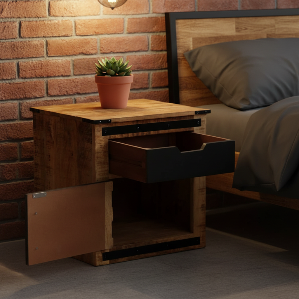 Nachtkastje met open lade en deur