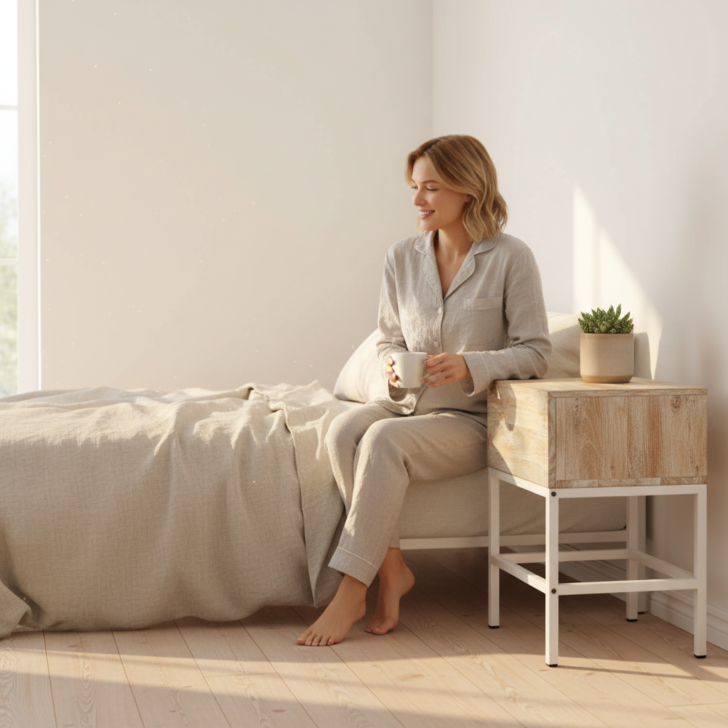 Nachtkastje met vrouw in Scandinavische slaapkamer