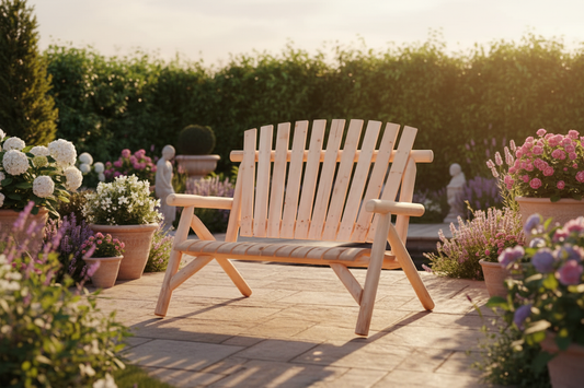 Naturel tuinbank in luxe tuin tijdens golden hour