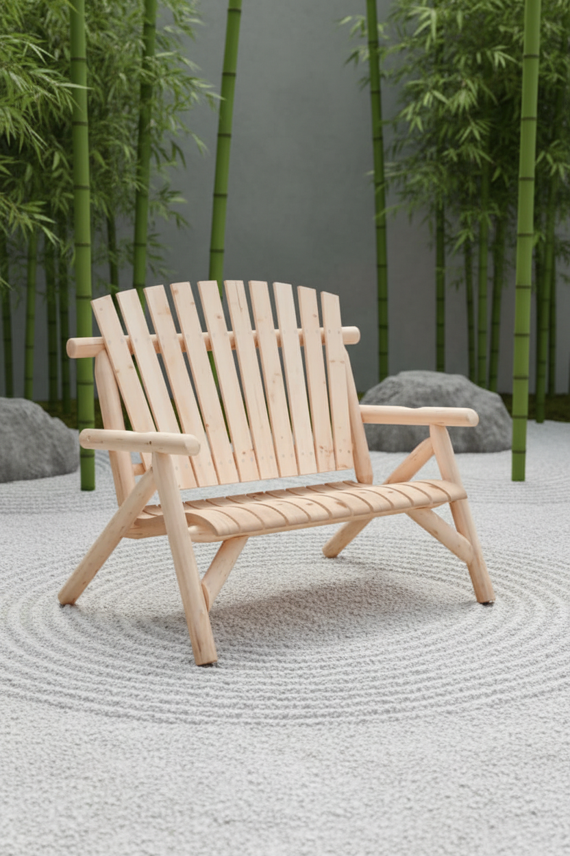 Naturel tuinbank in zen-tuin met bamboe