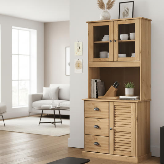 Natuurlijke houten hoge kast in Scandinavische woonkamer