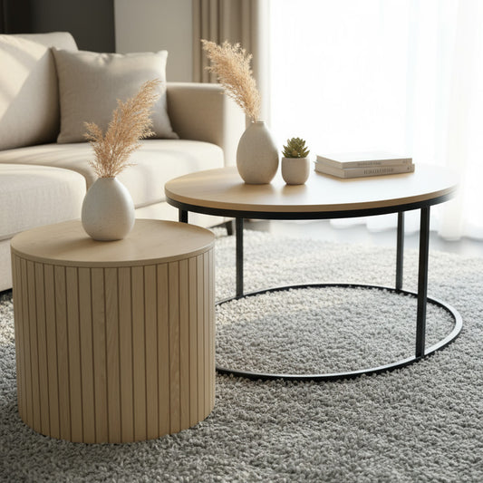 Ensemble de tables basses gigognes rondes – 2 pièces avec structure en métal (Ø60 x 40 cm)