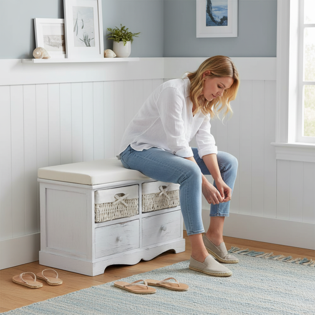 Opbergbank in coastal mudroom