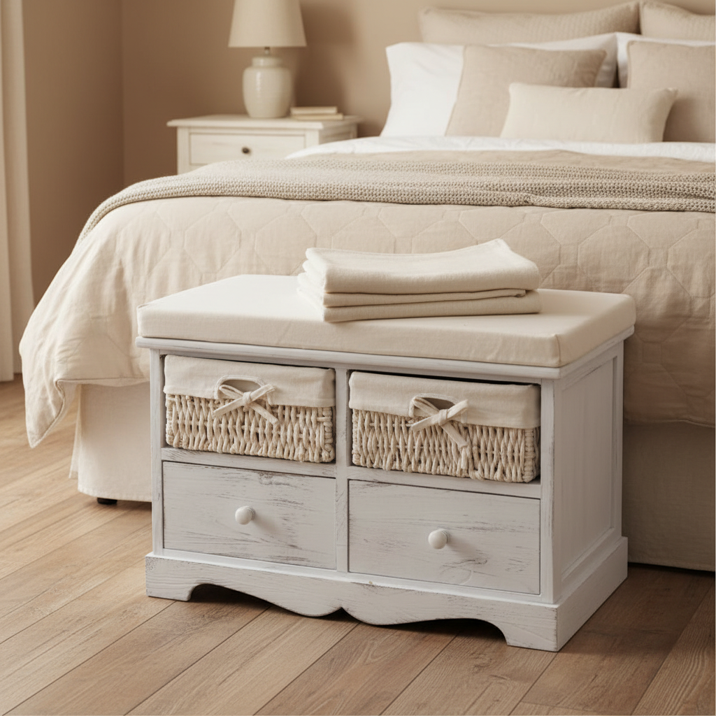 Opbergbank in farmhouse slaapkamer