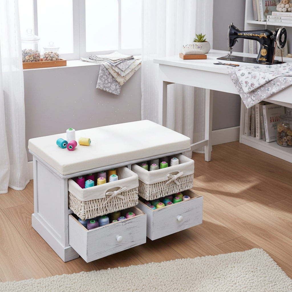 Opbergbank in naaikamer met spoelen