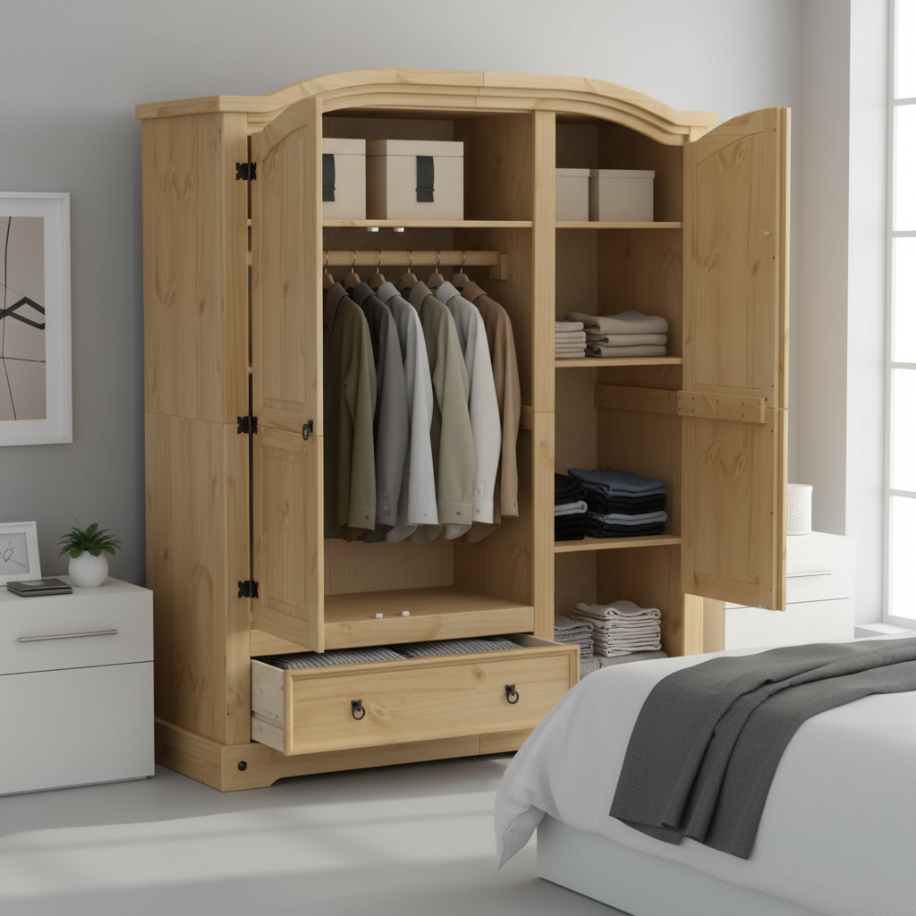 Open grote kledingkast in minimalistische slaapkamer