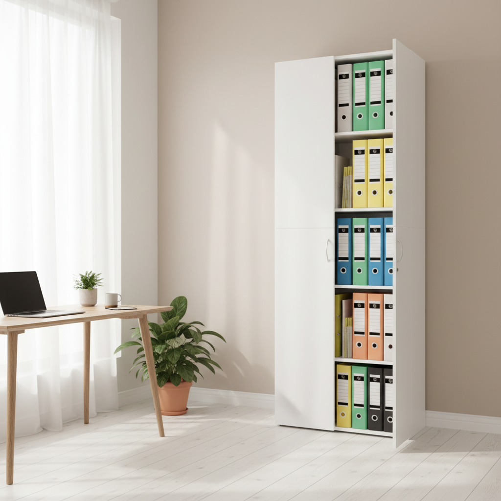 Open kast met blauwe, paarse, roze en oranje ringmappen