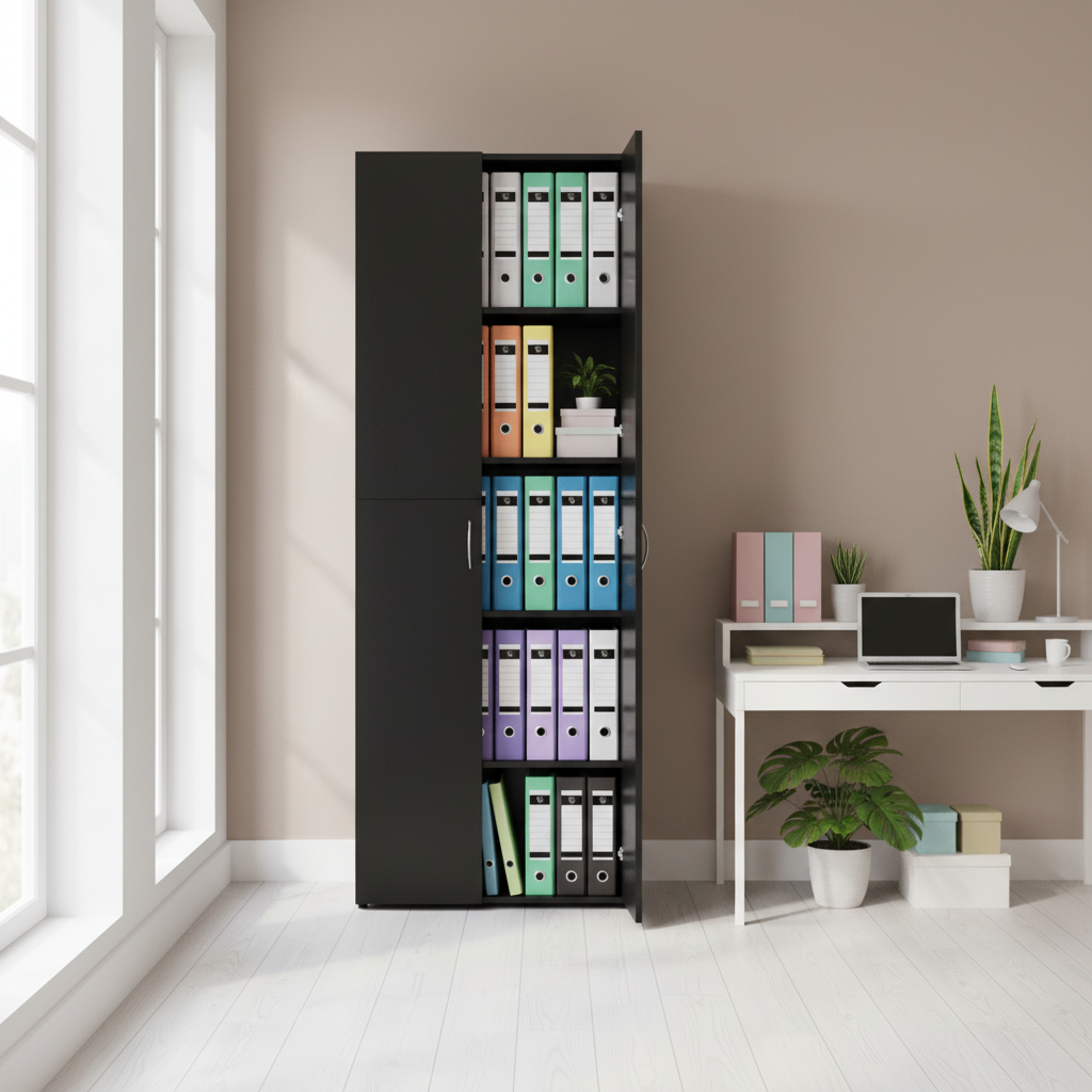 Open kast met blauwe, paarse, roze en oranje ringmappen