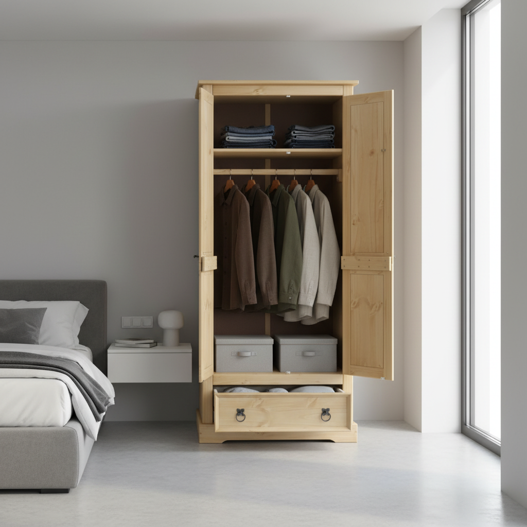 Open kledingkast in minimalistische slaapkamer