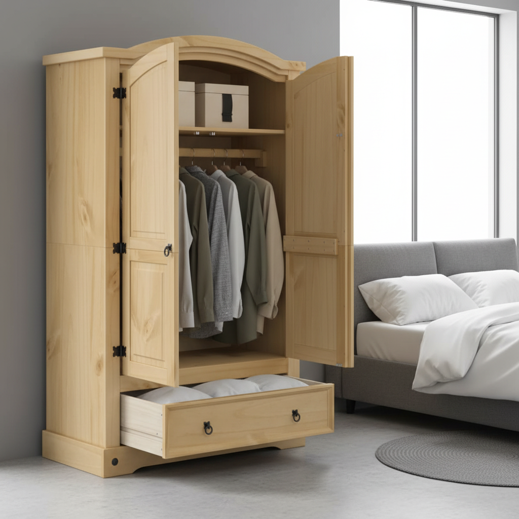 Open kledingkast in minimalistische slaapkamer