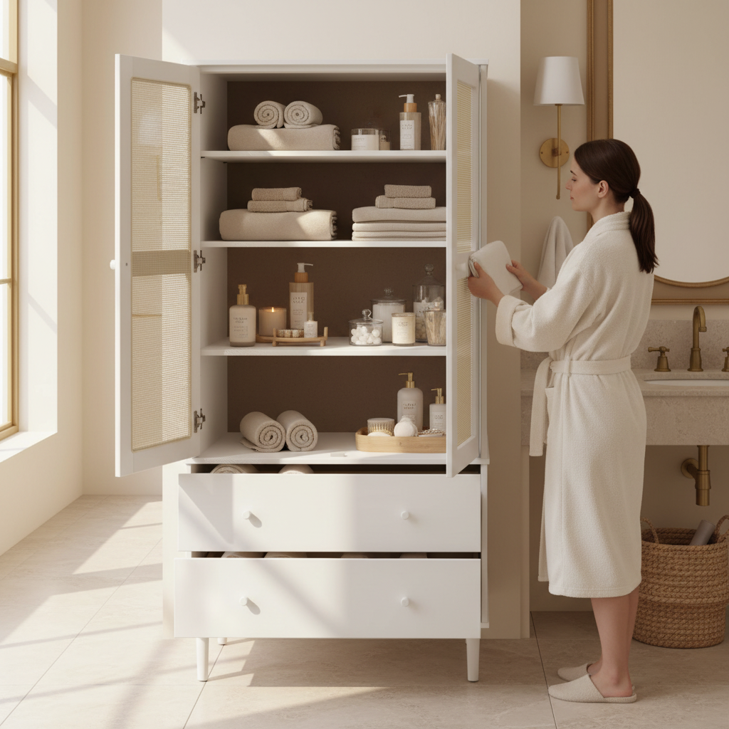 Open rotan kast in badkamer