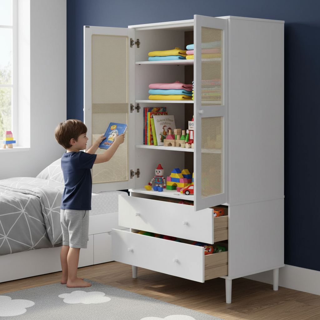 Open rotan kast in jongenskamer