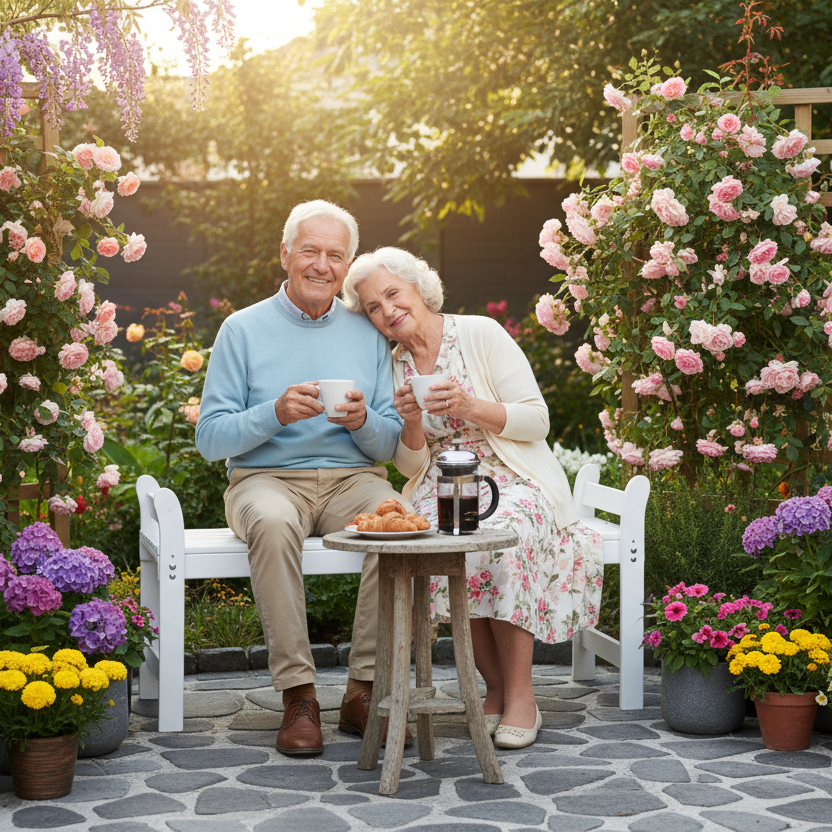 Ouder stel geniet van koffie