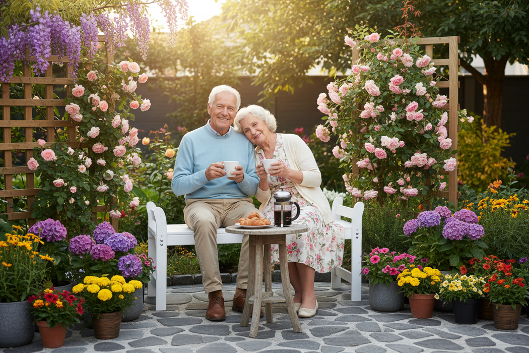Ouder stel geniet van koffie