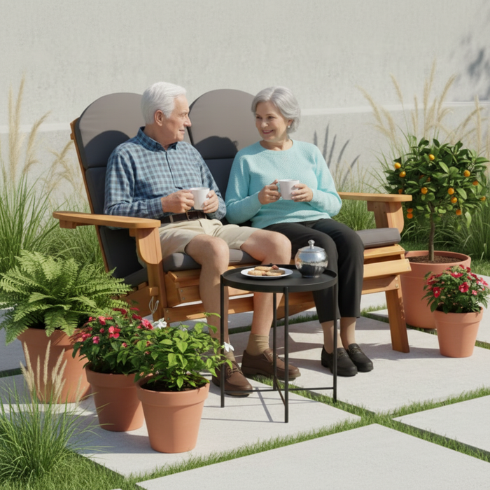 Ouder stel met koffie op echt terras