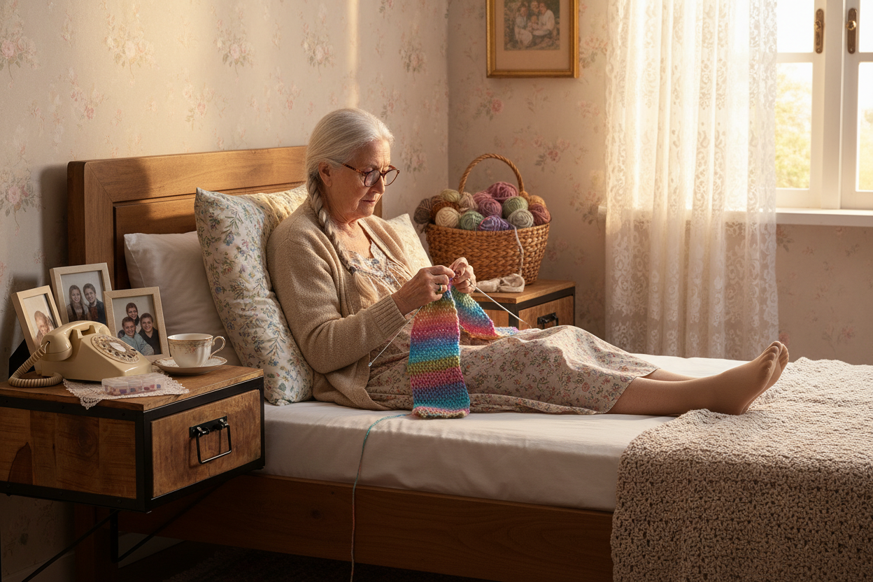 Oudere vrouw breit in bed